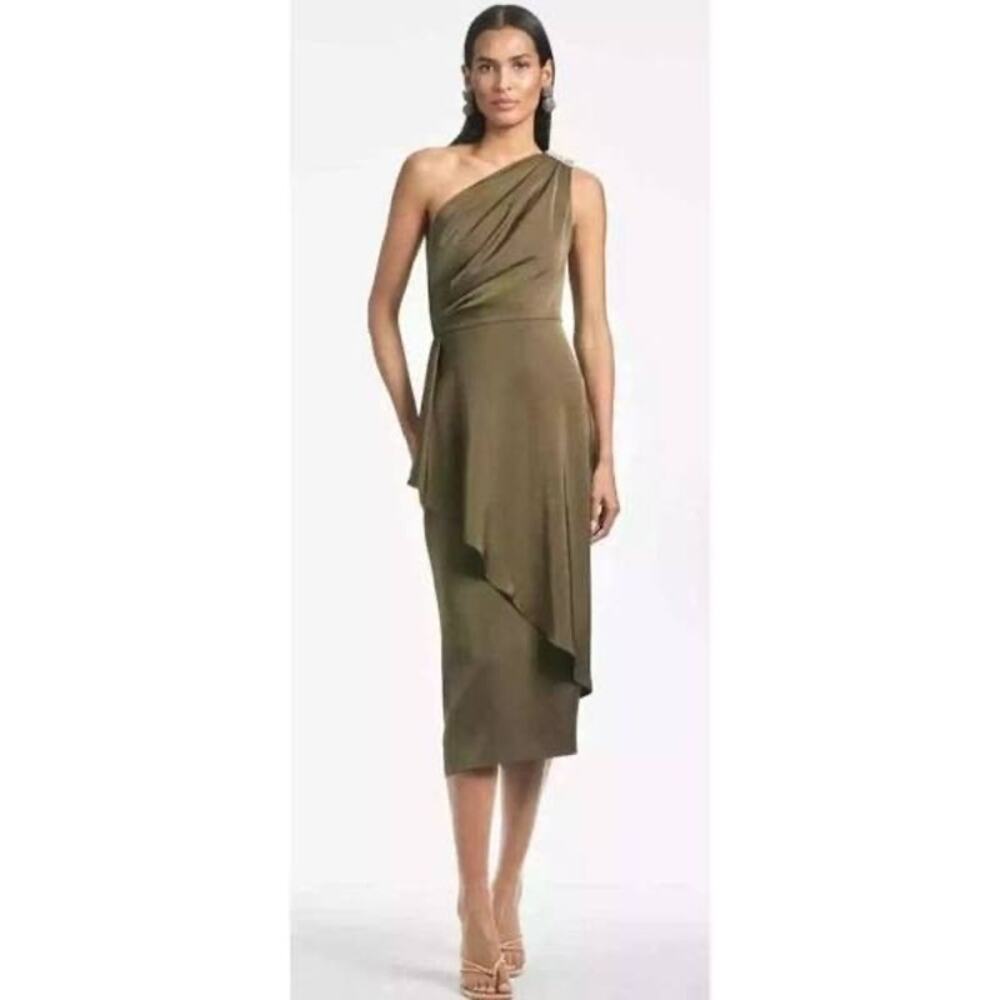 Sachin & Babi NWT Evangeline Olive Green One Shoulder Jewel Midi Dress Sz0 $495